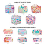 A catalog-style collage showing multiple colourful toiletry and cosmetic bags with printed floral and abstract patterns, each labeled with a name such as Fleur, Haven, Ivy, Romy, Willow, Dream Big, and other variants.
