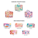 Collection of hanging toiletry bags and box cosmetic makeup bags in colourful Australian artist designs