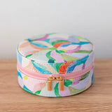 Travel jewellery case with adjustable compartments to avoid tangled necklaces, in colourful pastel design by Australian artist, Jade Fisher.