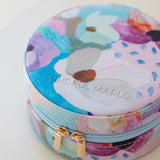 Travel jewellery case with adjustable compartments to avoid tangled necklaces, in colourful pastel design by Australian artist, Jade Fisher.