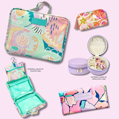 Full set of toiletry cosmetic and makeup bags in colourful Australian designs