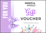 Gift voucher from Mindful Marlo with a purple bow and colorful items on a white background