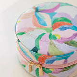 Travel jewellery case with adjustable compartments to avoid tangled necklaces, in colourful pastel design by Australian artist, Jade Fisher.